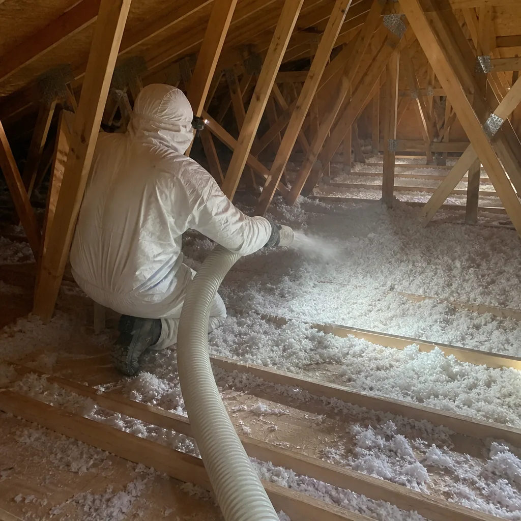 Professional contractor installing blown-in attic insulation for energy efficiency