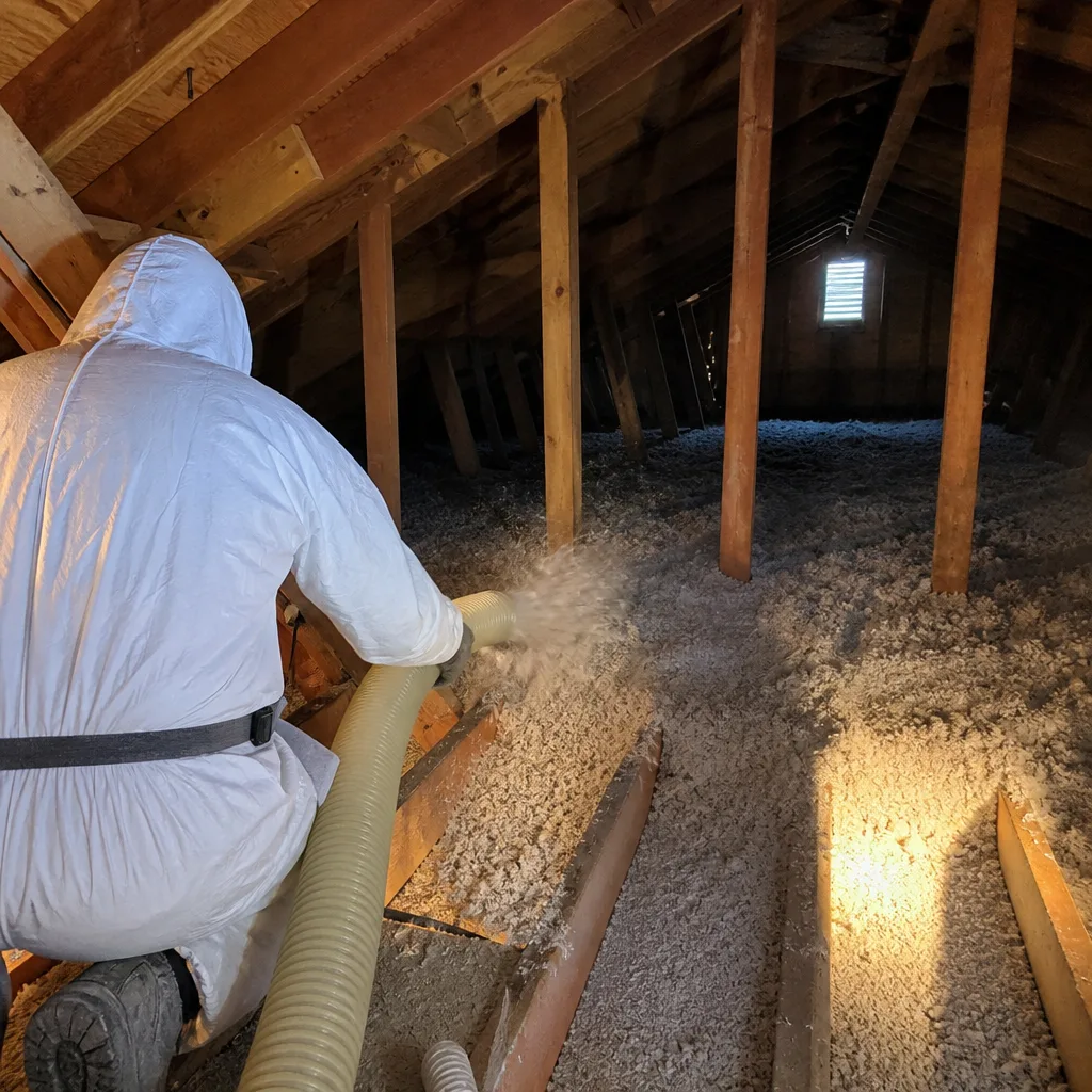 Professional blowing loose-fill insulation into an attic space