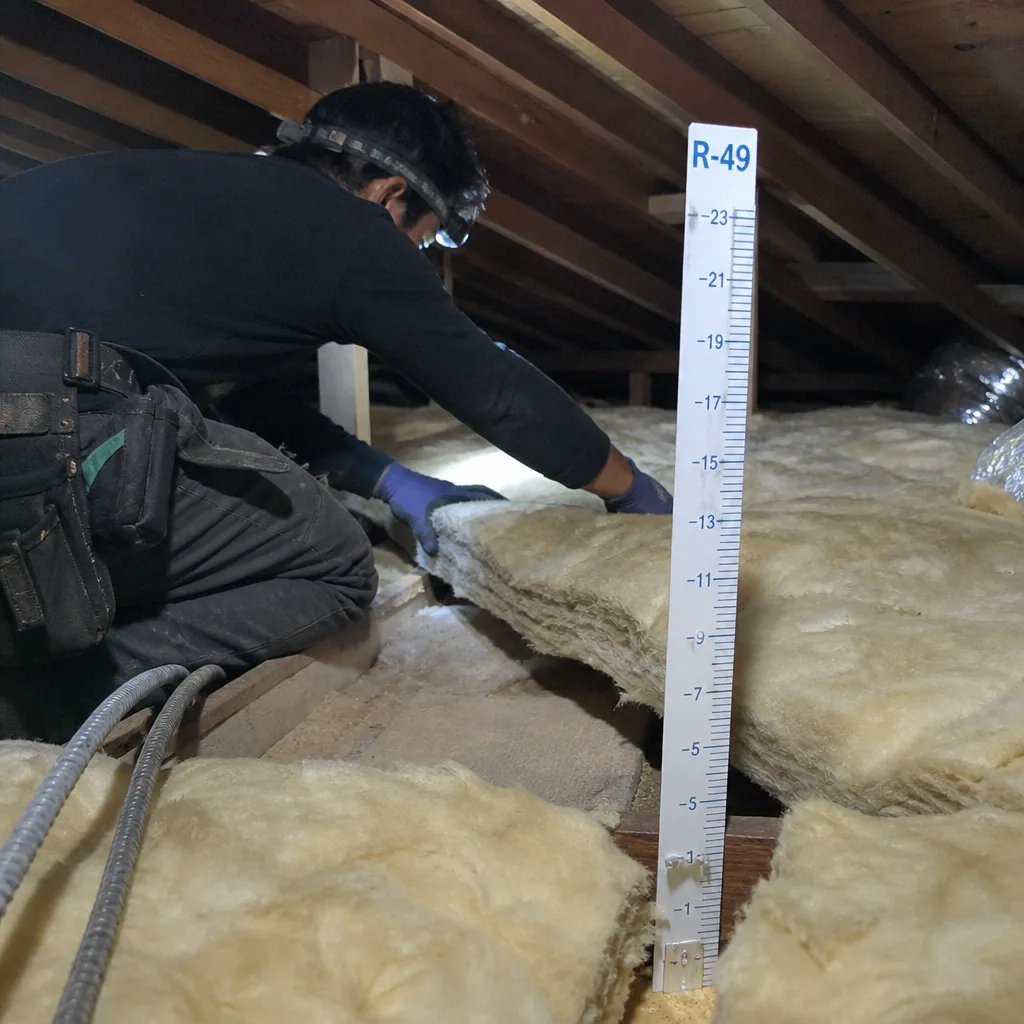 Contractor installing attic insulation batts with a depth measurement gauge