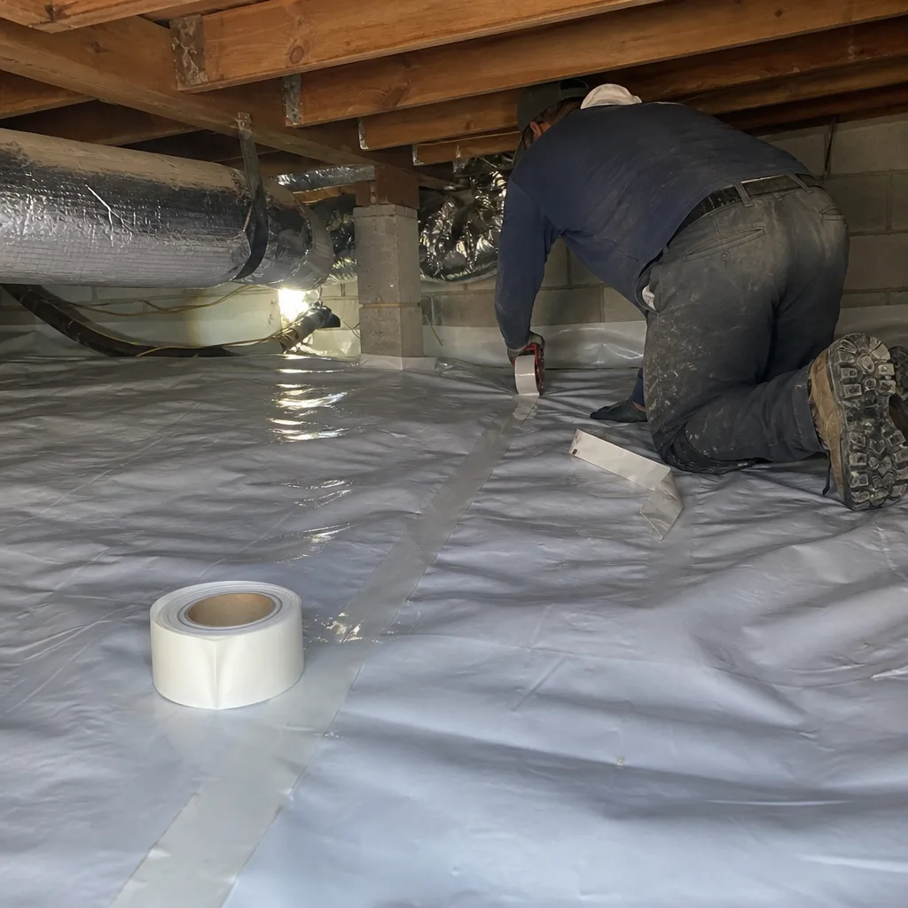 Contractor performing professional crawl space encapsulation and vapor barrier installation.