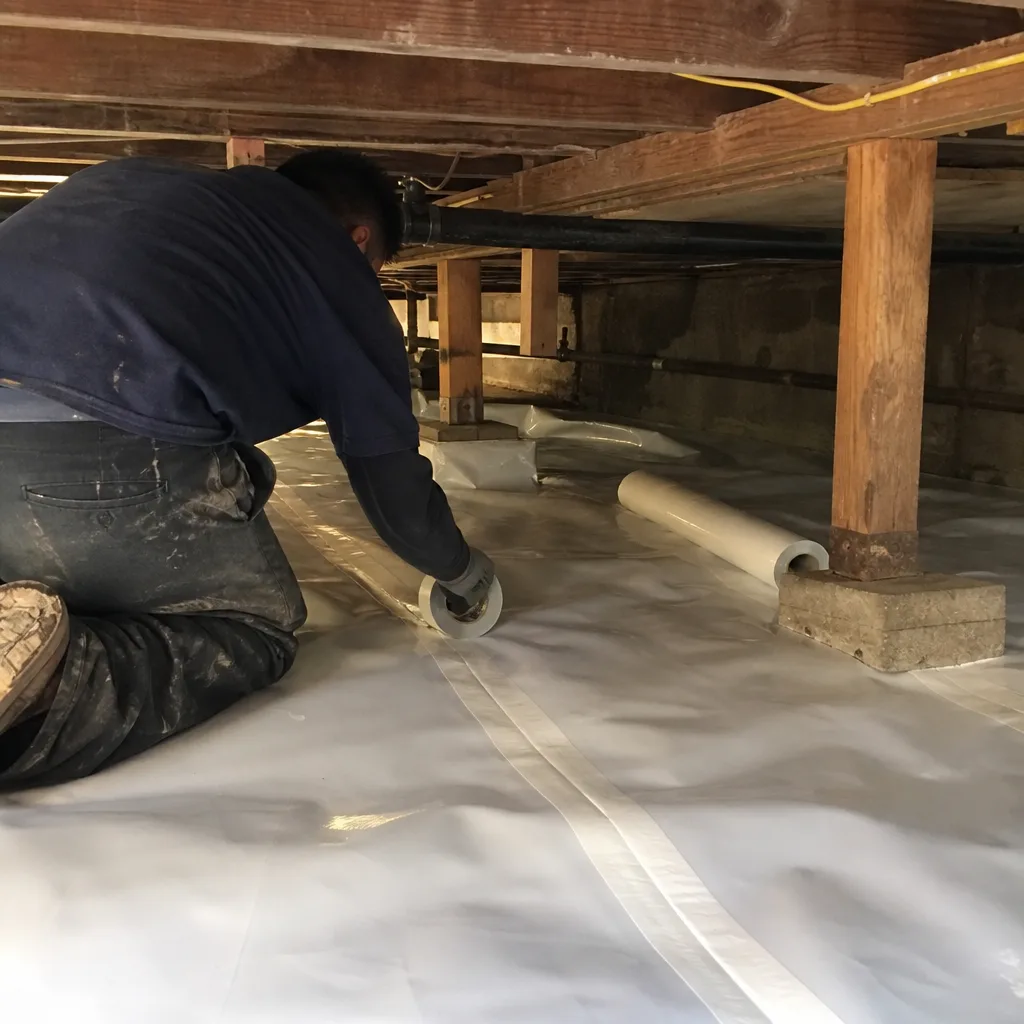 Professional technician installing a vapor barrier in a crawl space