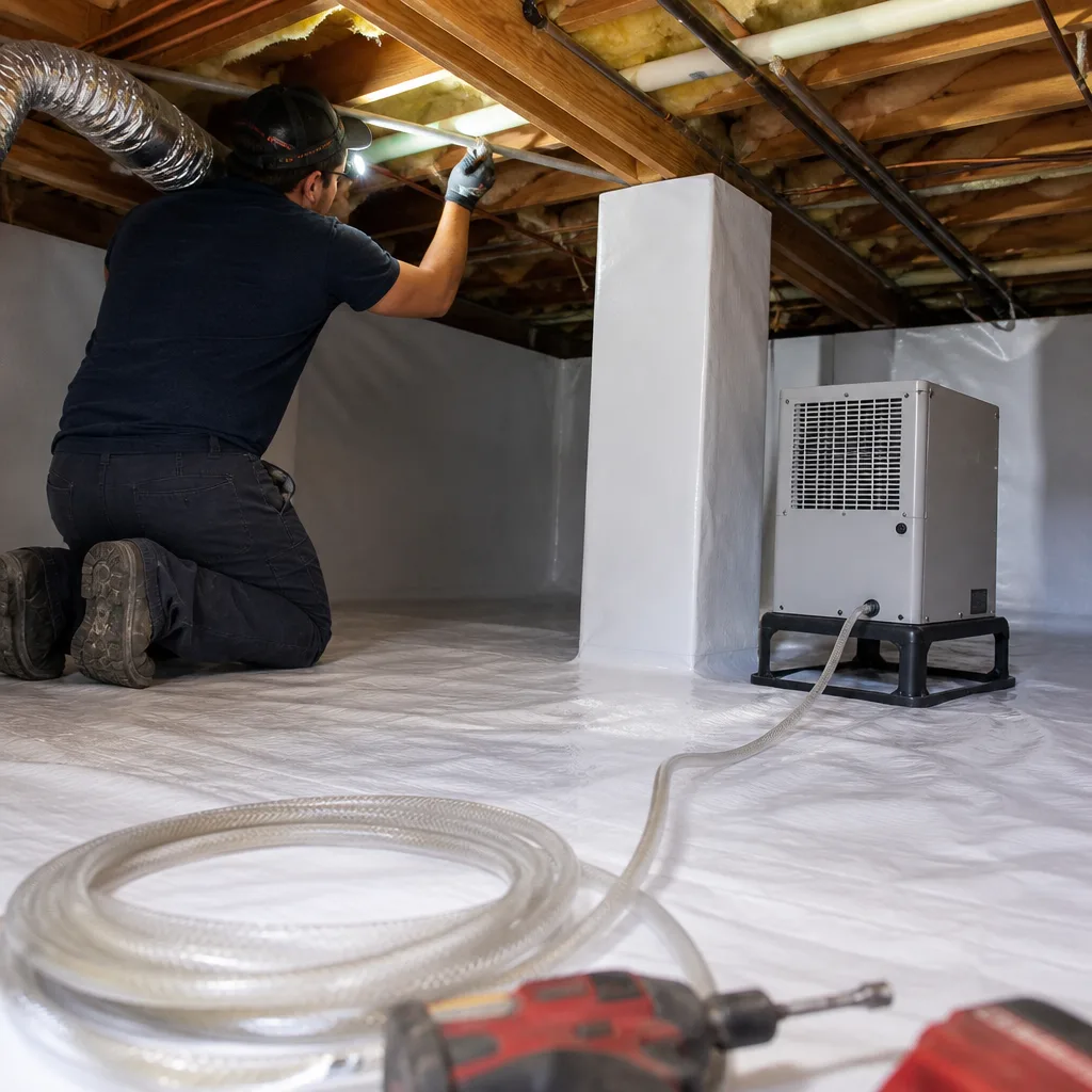 Technician performing crawl space encapsulation with vapor barrier and dehumidifier system.